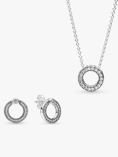 Set de Collar y Aretes Círculo Pavé y Logo