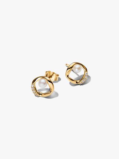 Aretes de Botón Círculo en Pavé con Forma Orgánica y Perlas Cultivadas de Agua Dulce Tratadas