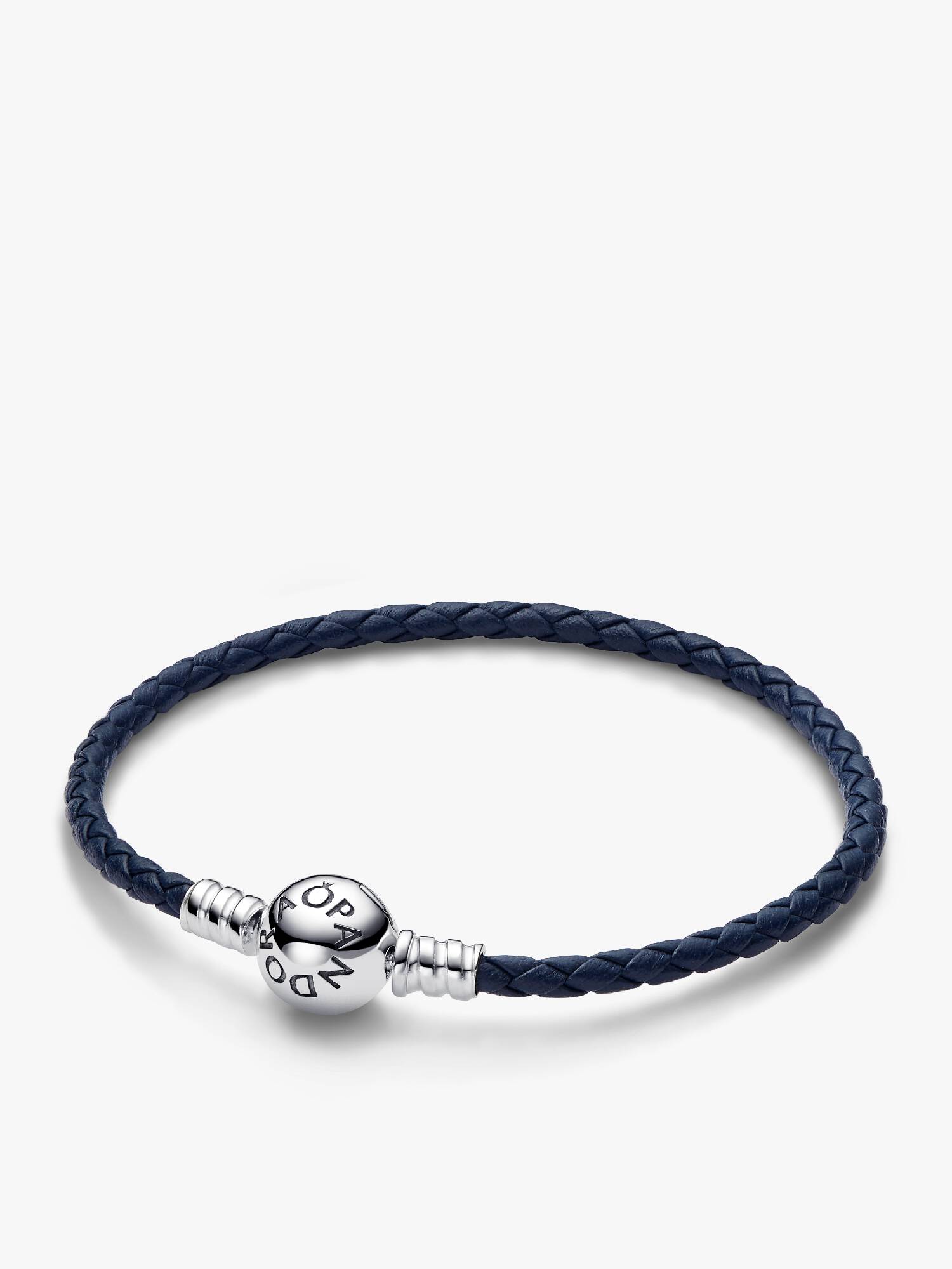 Brazalete de cuero trenzado azul con broche redondo Pandora Moments