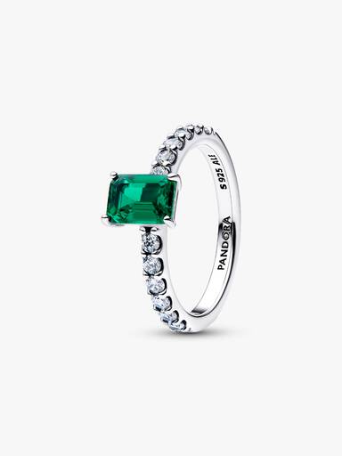 Anillo rectangular verde reluciente con halo