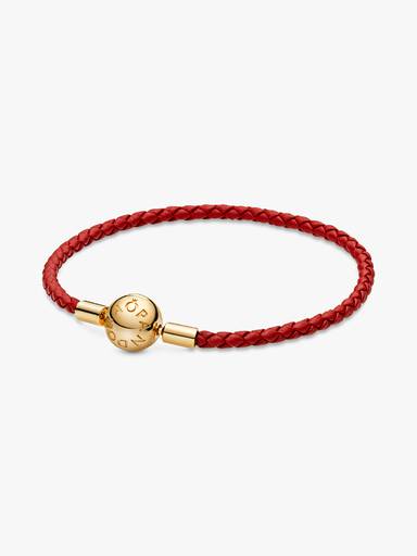 Brazalete De Piel Trenzada Roja Moments De Pandora Recubrimiento en Oro de 14k