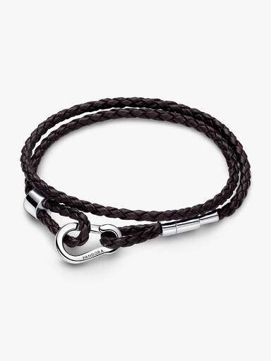 Brazalete doble de cuero tejido café Pandora Moments
