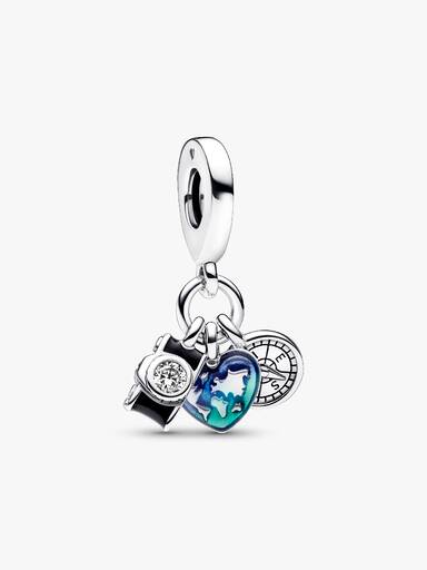 Charm Colgante Triple Cámara, Corazón y Brújula