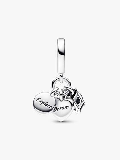 Charm Colgante Triple Cámara, Corazón y Brújula