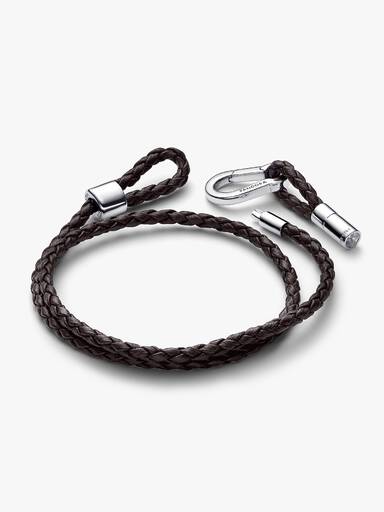 Brazalete doble de cuero tejido café Pandora Moments